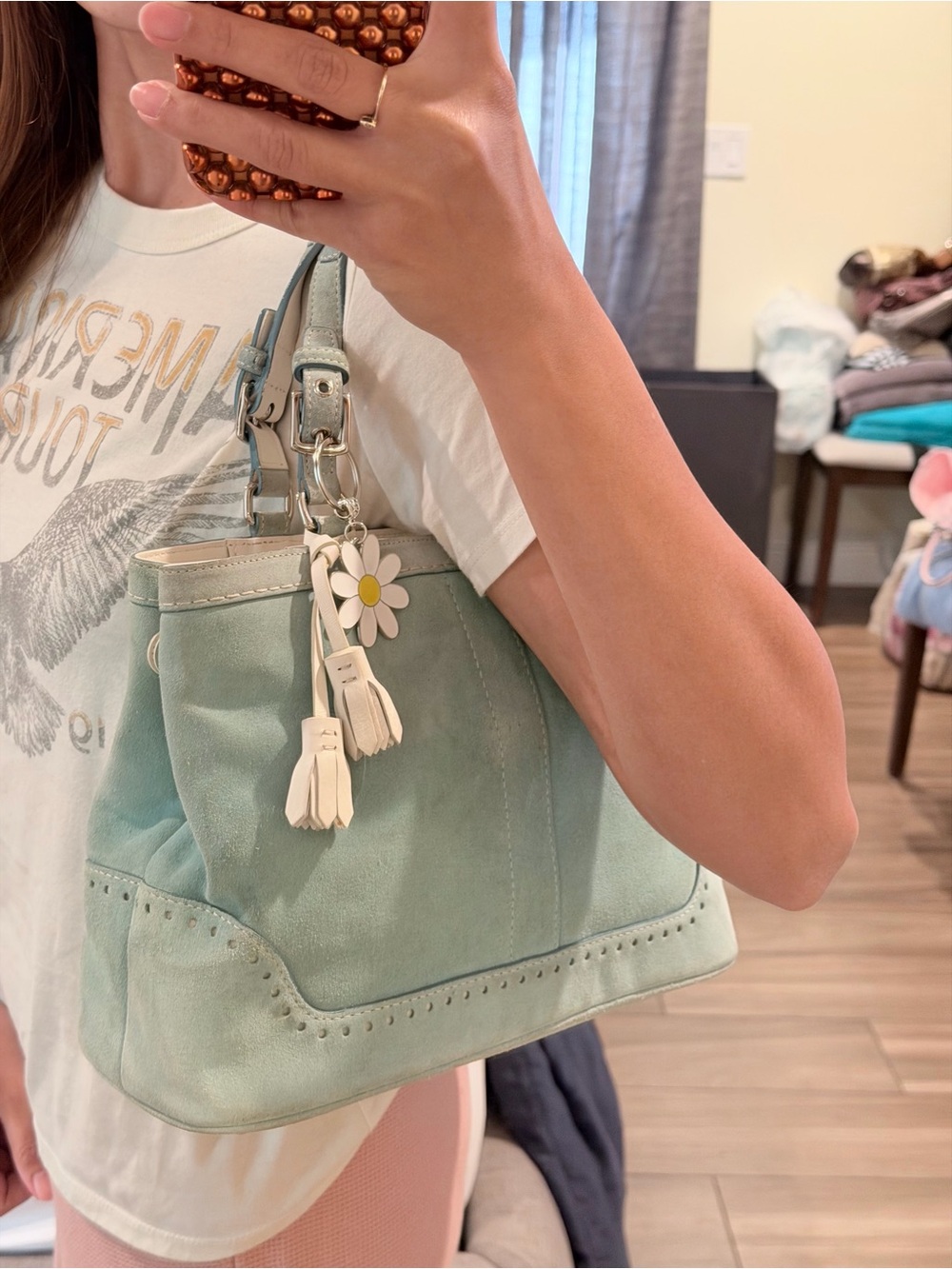 Coach Hampton Suede Carryall Tote in light blue/teal - Picture 7 of 9